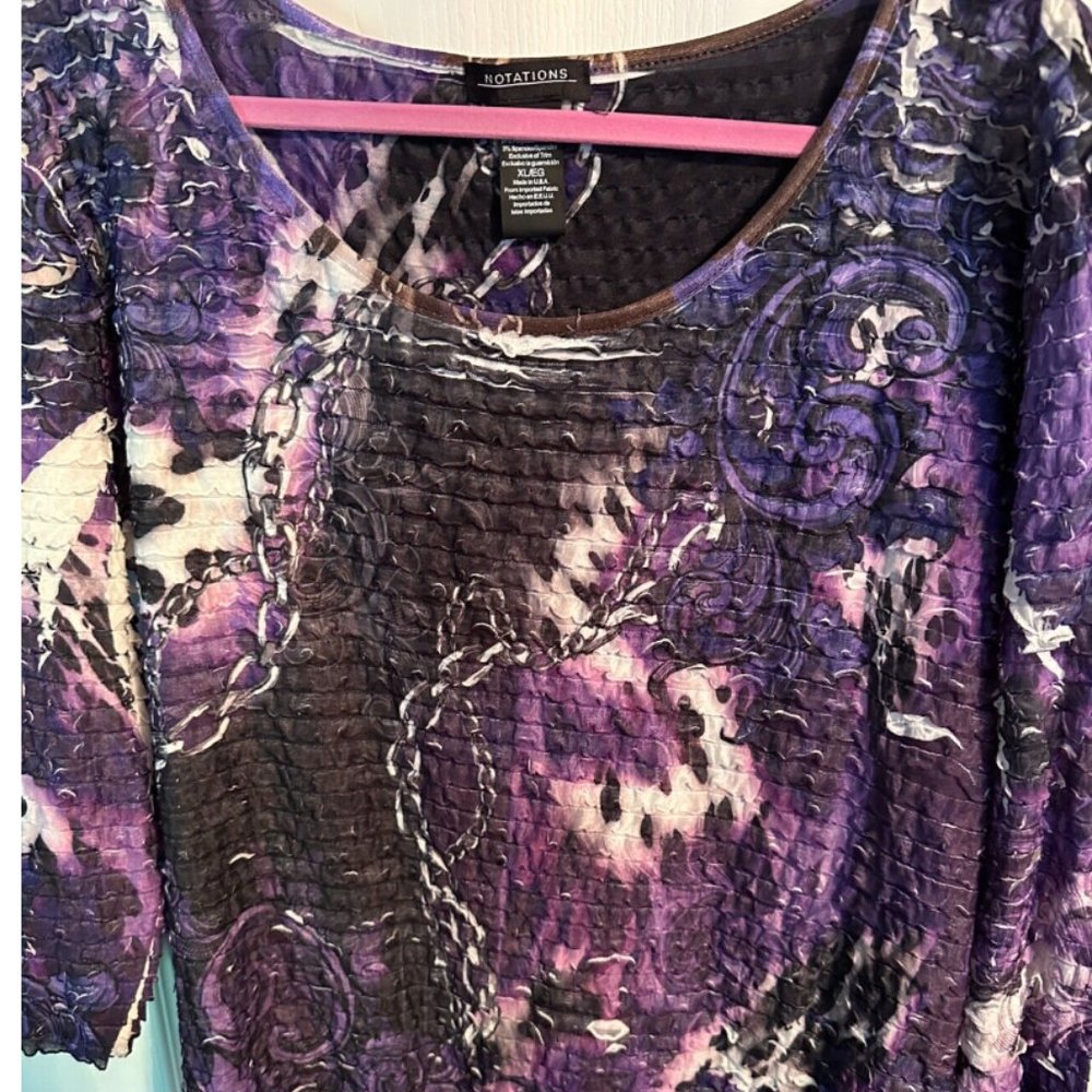 NWT NOTATIONS XL Top Shirt Blouse RUFFLED CHAIN Print PURPLE Iconic Class!